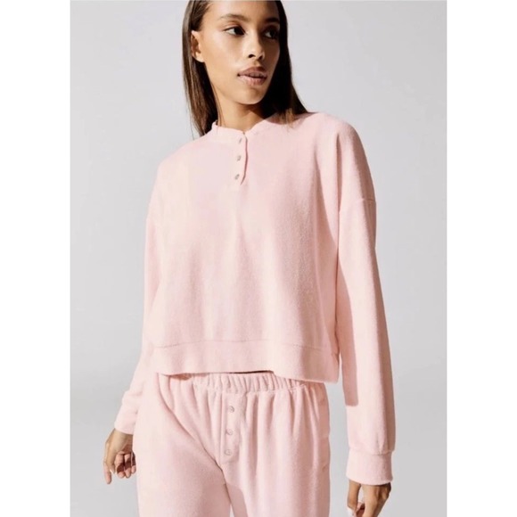 DONNI. Tops - DONNI. Womens Terry Henley Pullover Sweatshirt Top Size XL Pink 3 Button Cropped